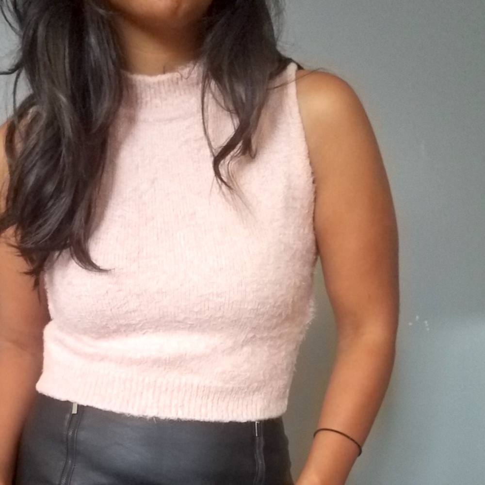 Soft Fuzzy Pastel Baby Pink Rose Mock Turtleneck High Neck Sleeveless Crop Top